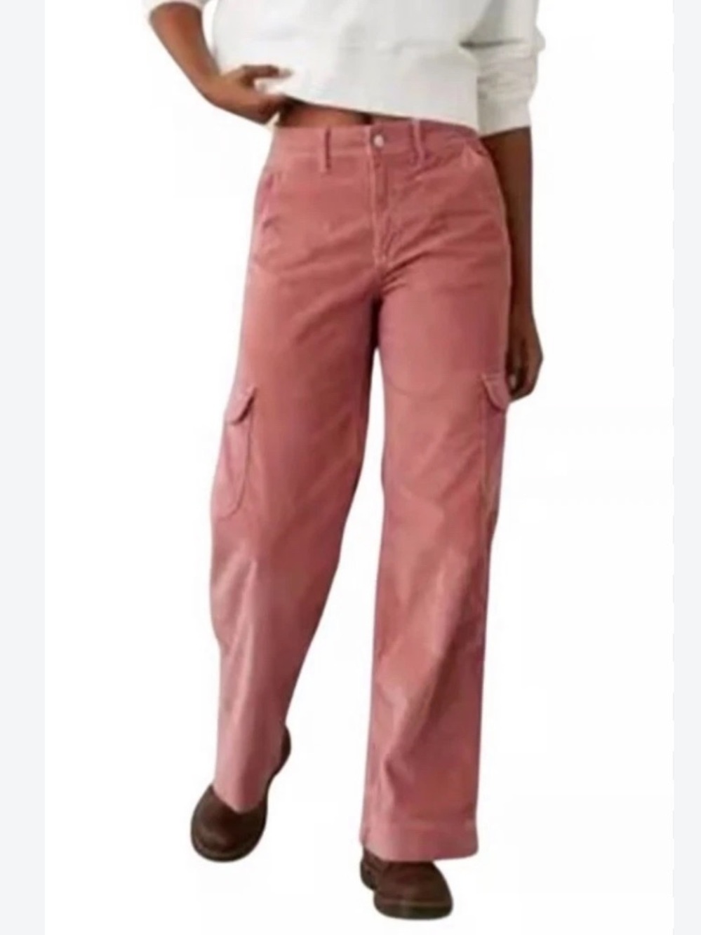 American Eagle Super High Rise Baggy Wide Leg Corduroy Cargo Pants Pink 8 Long